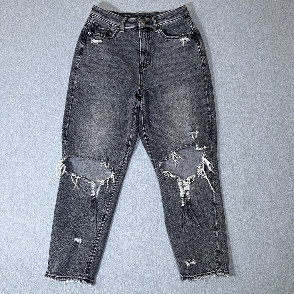 American Eagle Jeans Womens 4 X-Short Black Highest Rise Mom Ripped Faded Denim